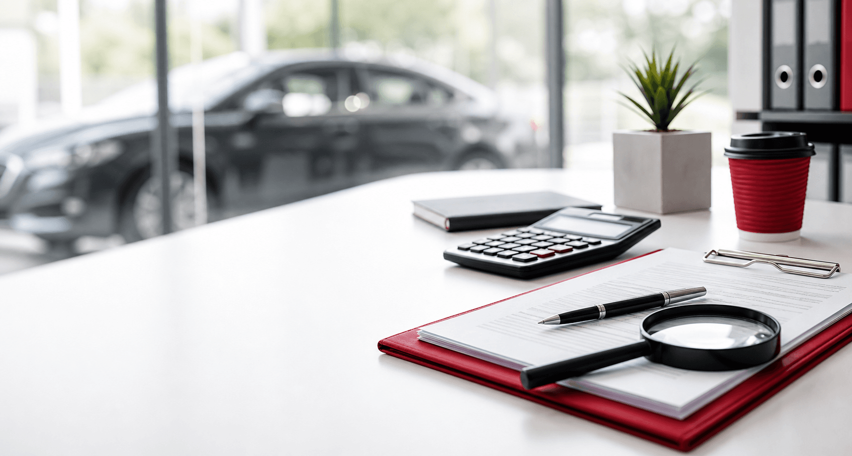 Contrato, calculadora e veículo desfocado em escritório moderno para análise de financiamento.